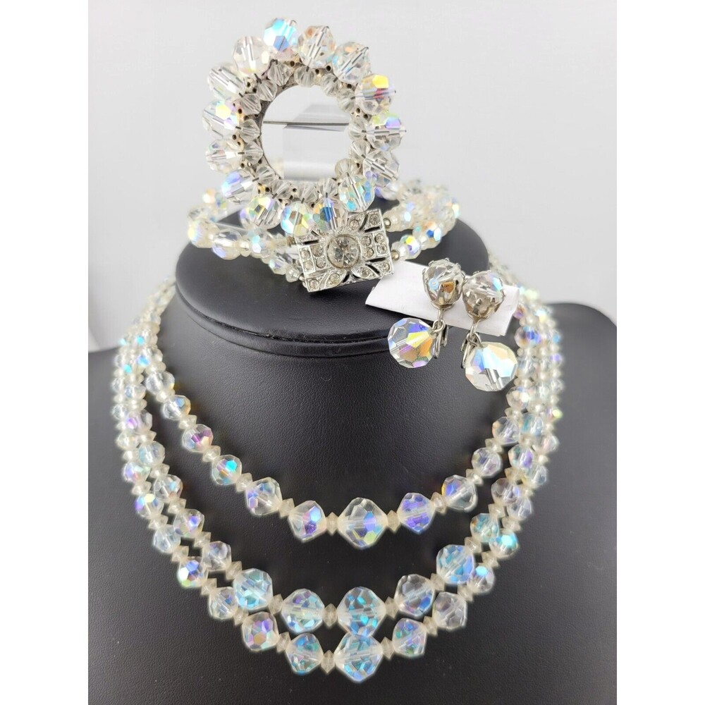 MCM 50s Rainbow AB Glass Bead Bib Necklace Bracelet Brooch Earring Demi Parure